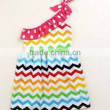 2014 New arrival baby girls fall clothing cotton offer shoulder dress in chevron for girls,multi color dress