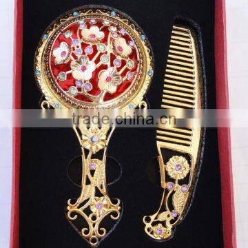 Antique Imitation Cosmetic Metal Pocket Mirror With Hair Comb,Handle Mirror/Hand Held Makeup Mirror/Round Fashion Mirror photo-2