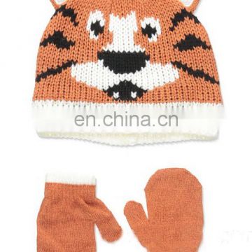 Kid animal winter knitted hats with two ears and gloves with paws sets