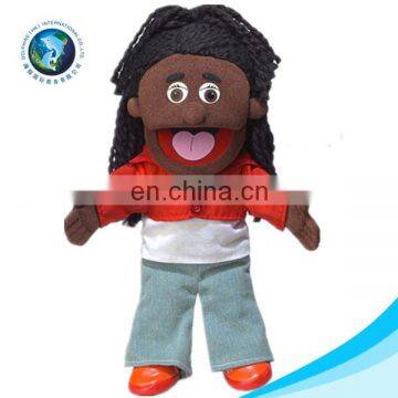 2017 OEM design cartoon cute kids toy stuffed soft toy plush rag african black girl doll glove hand puppet