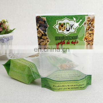 Guangzhou factory produced nuts packaging sliding zipper stand up pouch,laminated plstic square bottom bag for food with clear w