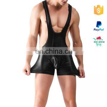 Black See Through Leather Catsuit Bodysuit For Men