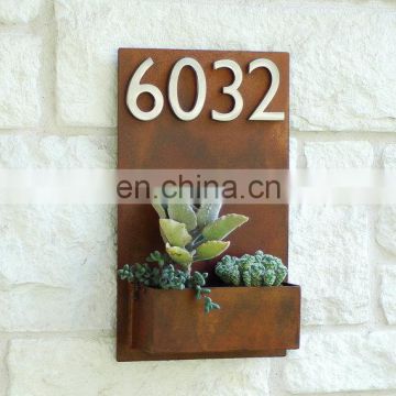 Antique corten steel metal wall hanging planter with door number