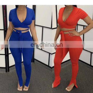 Wholesale Fashion  2 Piece Two Piece Womens High Elastic Belt V neck Tracksuit Crop Top Set