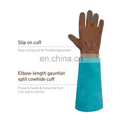HANDLANDY Blue Durable Pigskin Leather Long Cuff Thorn Proof Landscaping Working Gloves Rose Pruning Women Garden Gloves photo-4