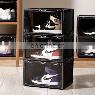 Hot Sell Side Open Drop Door Foldable Stackable Custom Logo OEM Giant Black Sneakers Plastic Magnetic Storage Shoebox