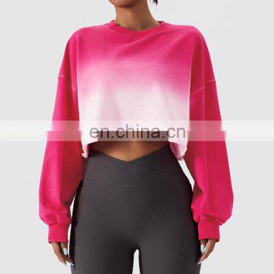 Gradient Color Long Sleeve Crop Tops Hot Sales Round Neck Short Women Sweatshirt photo-3