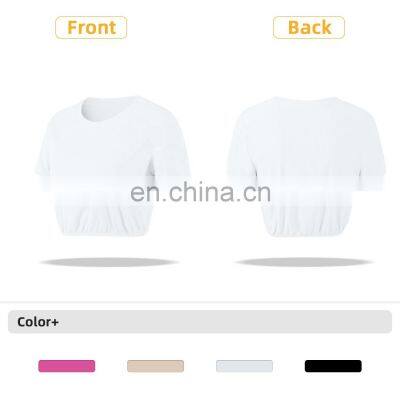 New Double Ribbed Loose Women's T Shirts With Elastic Hem Yoga Fitness Short Sleeve Crop Top photo-5