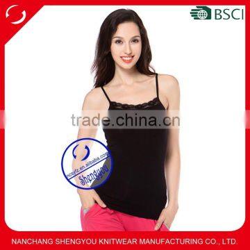 Custom high quality cotton spandex plain women stringer tank top with lace macrame