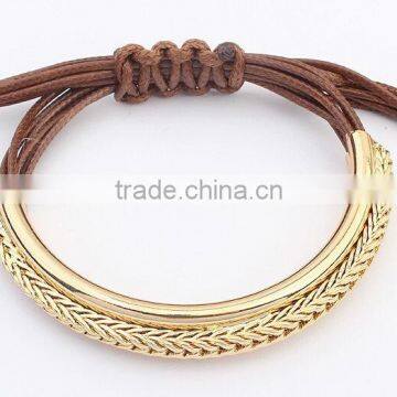 Punk Style Braided Leather Bracelet With Adjustable Rope Gold Beads