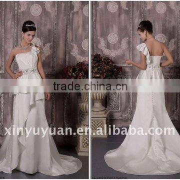 Elegant A Line One Shoulder Long Train Satin Floor Length Beaded Wedding Gown Bridal Dress RP0012 Dresses