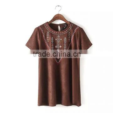 women clothing round collar shirt dress with short sleeve embroidery design dress