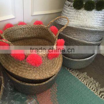 Seagrass basket,Hot selling Eco-friendly silver dipped seagrass belly basket with pompoms