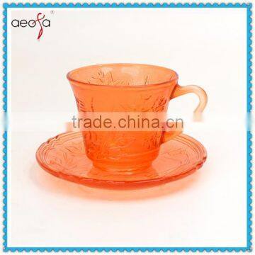 Popular spray colors drinking glass tea cup with handle and cup saurce