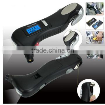 2015 hot new products digital LCD display Tire Gauge with car glass hammer/ tire pressure gauge LED torch light