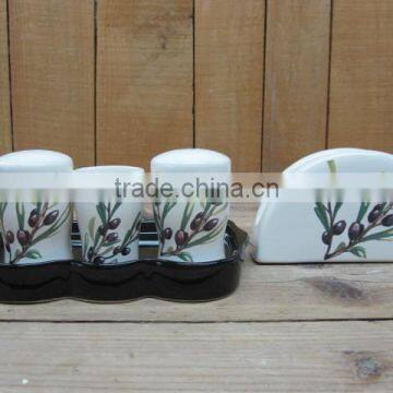 New olive ceramic table service condiment set with salt and pepper shaker