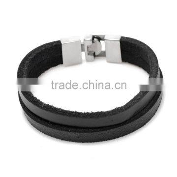 Black Double Layer Leather Bangles Fashion Brief Style Clasp Leather Bracelace photo-2