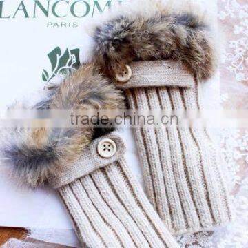 Long Fingerless Knitted Wool Gloves with Real Rabbit Fur Gloves for Fashion Girls