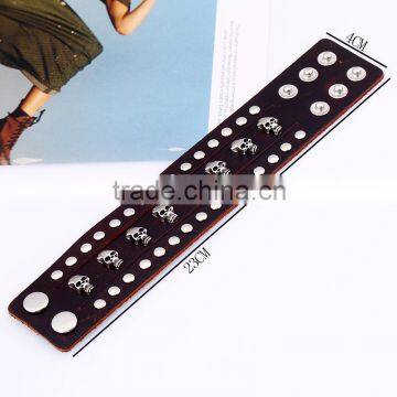 Fashion Cool Rock Wide Genuine Leather Wrap Skull Bracelet photo-6