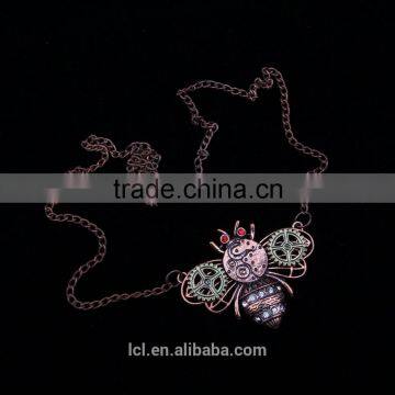 2015 Yiwu Fashion Jewelry Hot Sale Steampunk Bee Gear Pendant With Crystal Statement Necklace Red Copper photo-3