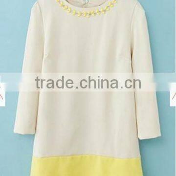 Beige Color Block Rhinestone Three Quarter Length Sleeve Dress photo-2