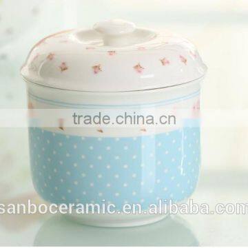 Chinese style home ceramic salt & sugar pot with lid, blue flower decal printing