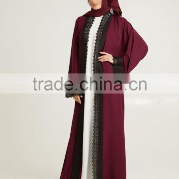 Middle East women clothing OEM Maroon Open Jacket Abaya with Black Lace