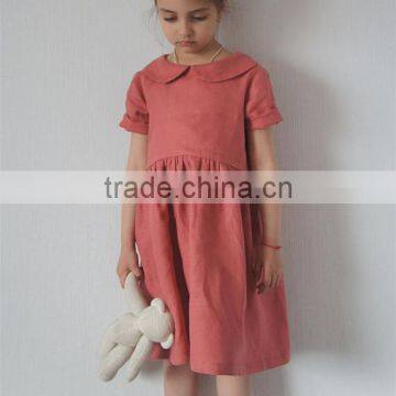 Pink Coral Wholesale Clothing Linen Dress Peter Pan Collar Child Clothes photo-2