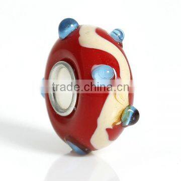 Wholesale Custom Round Silver Tone Core Red Stripe Pattern European Style Large Hole Lampwork Glass Beads