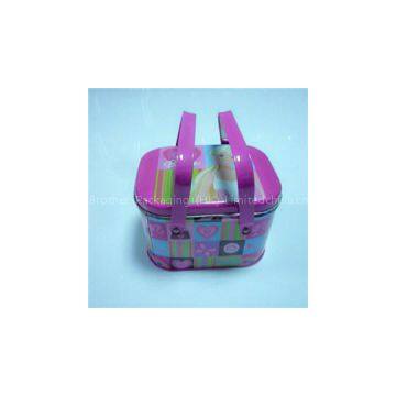 Portable Lunch Metal Tin Box With Two Handles Pink