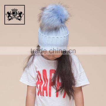 2017 Factory Wholesale Handmade Kids Winter Raccoon Fur Pompom 100% Acrylic Knitted Beanie Hat