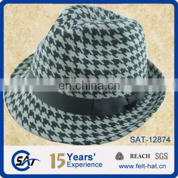 White Houndstooth printed ladies fedora hat