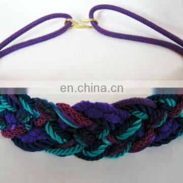 Vintage 80's Braided Rope Belt with large gold toned hook Purple, navy and aqua