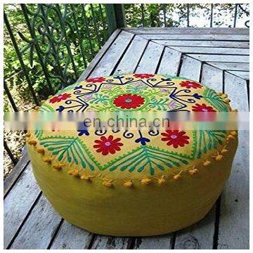 Yellow Cover Ottoman Cover, Suzani Embroidered Pouf Cover