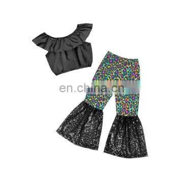 Solid black sleeveless crop Top and leopard printing sequin bell bottom 2pcs Baby Girl summer suit