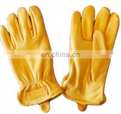 Short Mens Yellow Grain Cowhide Leather Driving Gloves With Wing Thumb