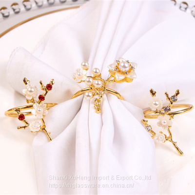 Shiny Gold Plated Napkin Ring Holder With Pearl Flower