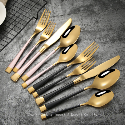 Luxury Stainless Steel Wedding Banquet Black And Gold Plated Cutlery Silverware Flatware Spoon And Fork Set photo-4