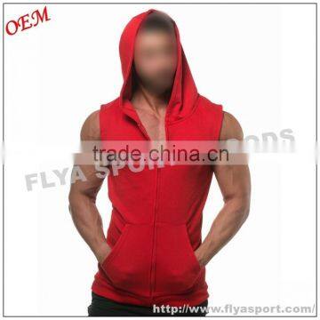 cheap blank mens sleeveless workout zip hoodies stringer tank top with Hood