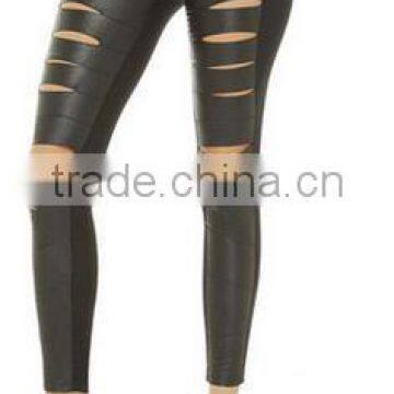 Sexy European and American punk style hollow stitching trousers tight elastic waist PU leather leggings