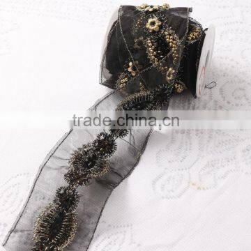 100% Handmade Garment Accessories Black and Gold Color Wholesale Beaded Lace Trim photo-2