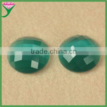 HS-45 loose dark green round flat bottom faceted synthetic glass cat eye stone