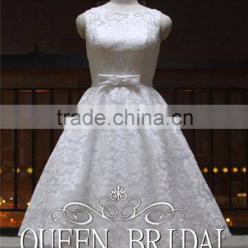 Newest Style Sleeveless Appliqued Sash Patterns Of Lace Tea Length Wedding Dresses photo-2