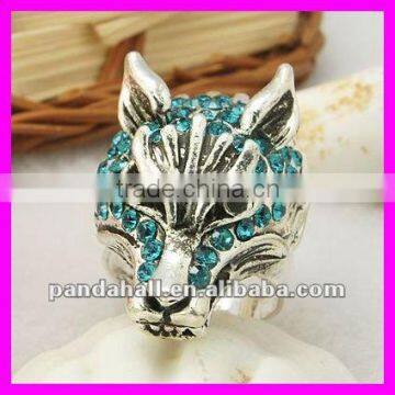 Alloy Rhinestone Blue Zircon Stone Wolf Ring(RJEW-H115-2)