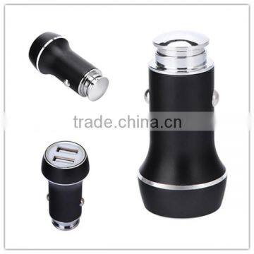 The most popular product bullet head dual usb phone car charger, aluminium alloy/ABS usb car charger 2 port