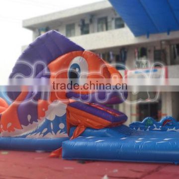 Orange Purple Fish Inflatable Slide with Wall-Less Bouncer