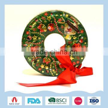 Ring shaped tin packaging box with red string for Christmas gifts