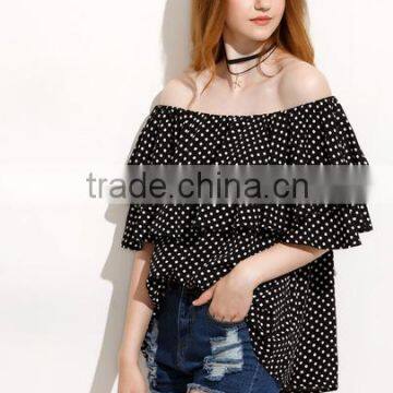 SheIn Girls Fashion Clothes Black Polka Dot Ruffle Sleeve Off Shoulder Blouse