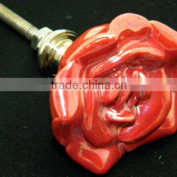 Ceramic Drawer Pull Knobs with Metal Fittings - Red Rose Flower Shape