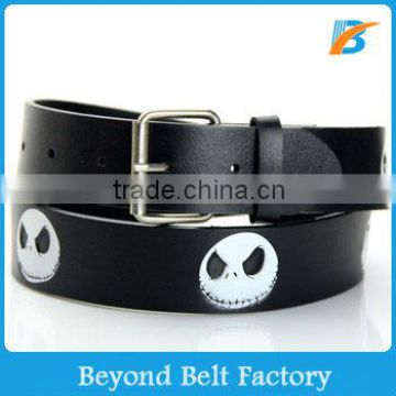 Beyond Unisex Black Leather Western Pirate Belt Decor with Skull and Roller Buckle